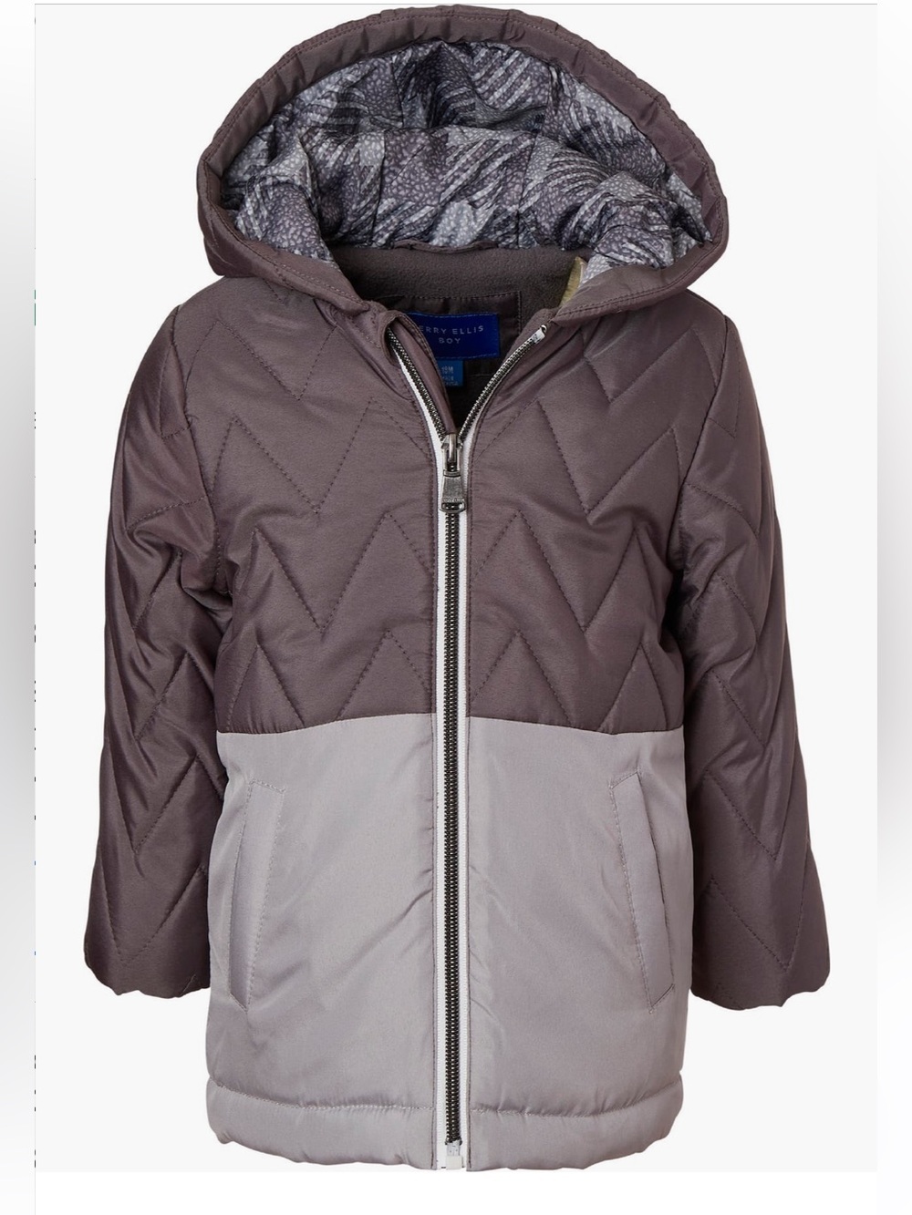 Perry Ellis Kids Two-Tone Quilted Hooded Puffer in Mauve and Light Gray